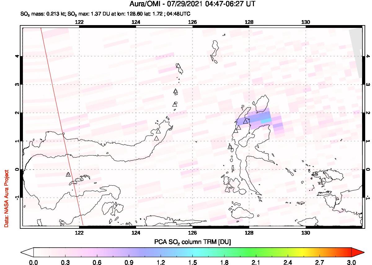 A sulfur dioxide image over Northern Sulawesi & Halmahera, Indonesia on Jul 29, 2021.