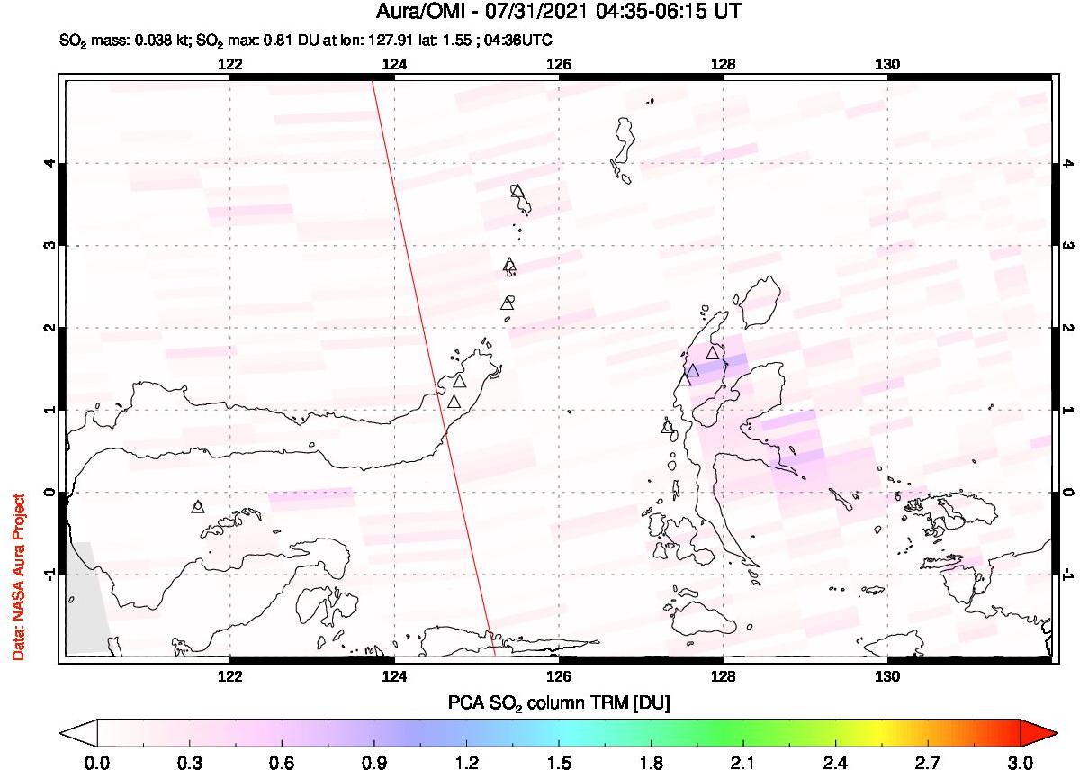A sulfur dioxide image over Northern Sulawesi & Halmahera, Indonesia on Jul 31, 2021.