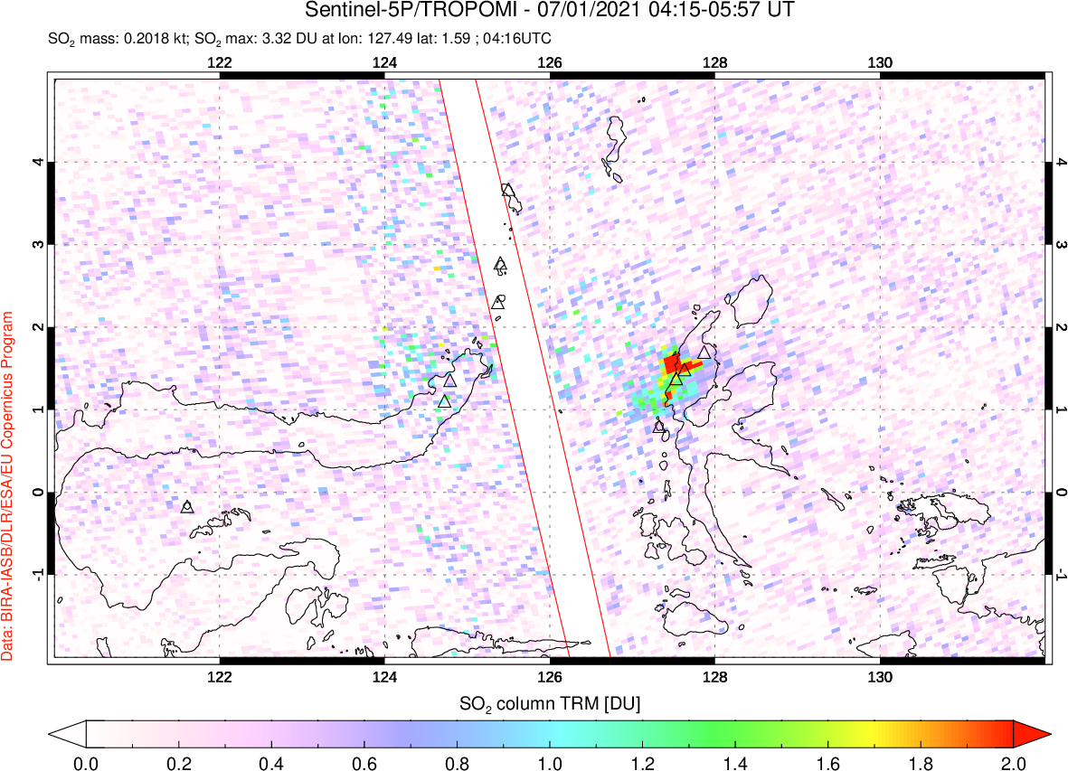 A sulfur dioxide image over Northern Sulawesi & Halmahera, Indonesia on Jul 01, 2021.