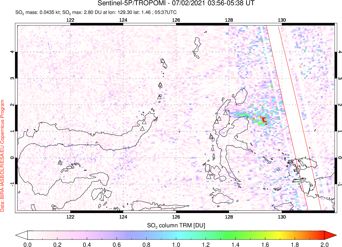 A sulfur dioxide image over Northern Sulawesi & Halmahera, Indonesia on Jul 02, 2021.