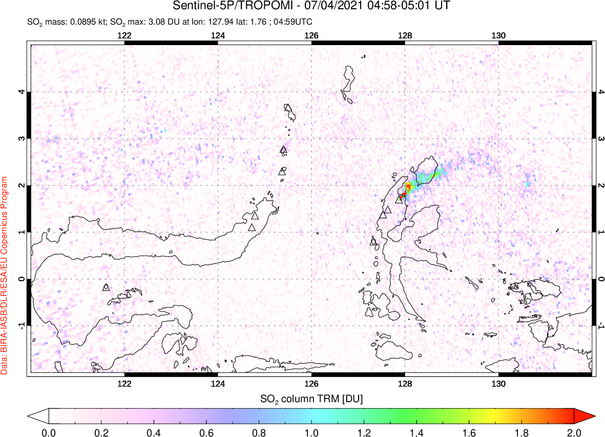 A sulfur dioxide image over Northern Sulawesi & Halmahera, Indonesia on Jul 04, 2021.