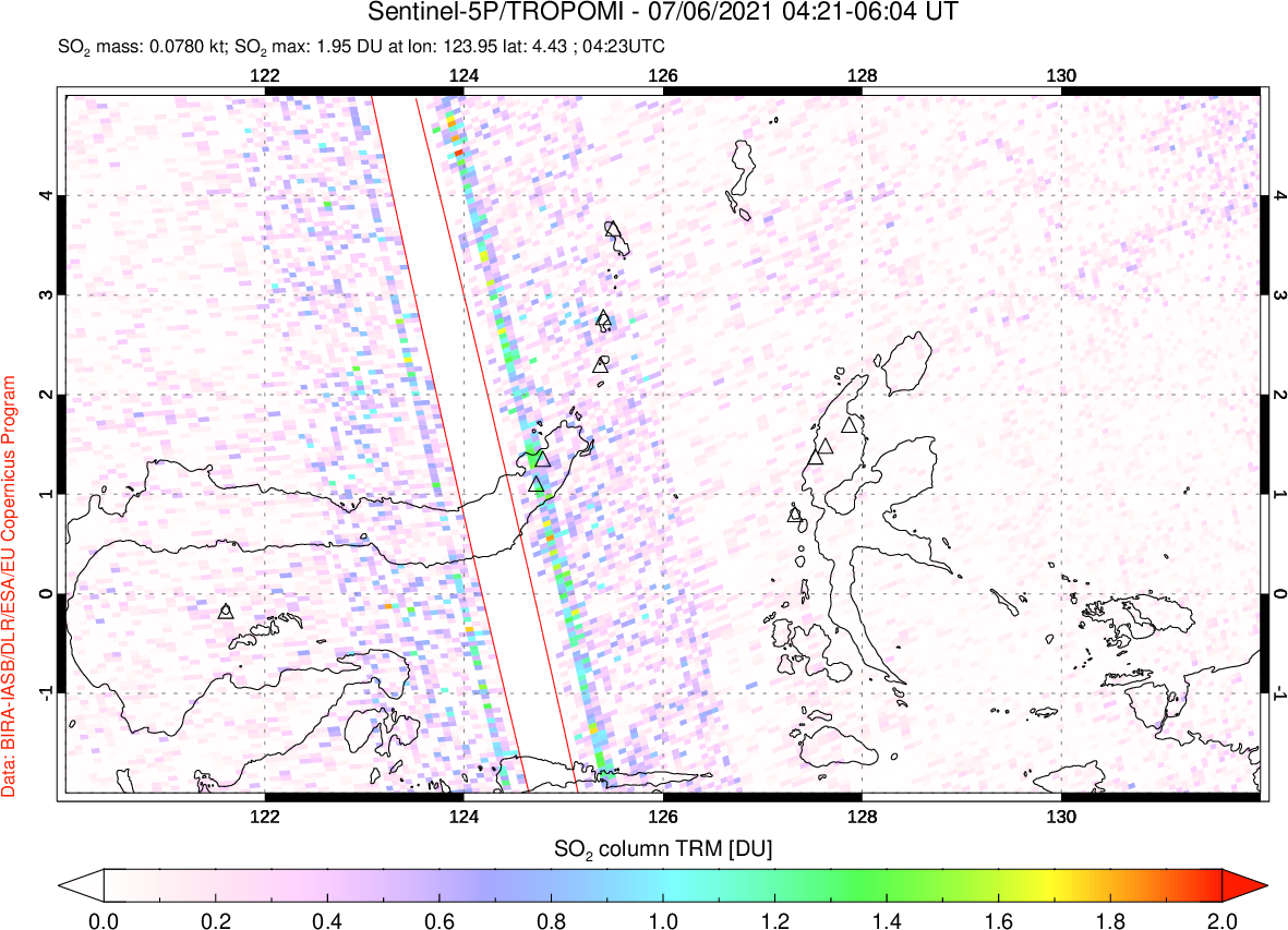 A sulfur dioxide image over Northern Sulawesi & Halmahera, Indonesia on Jul 06, 2021.