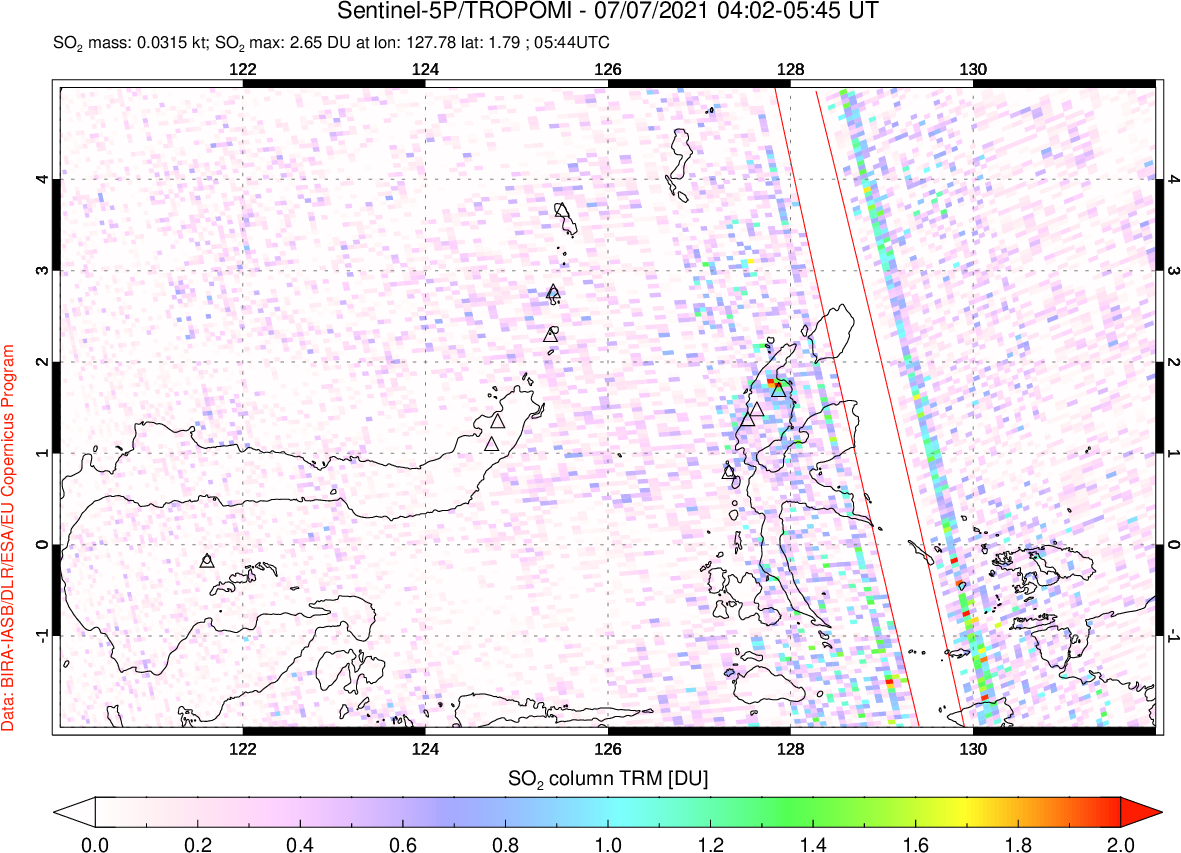 A sulfur dioxide image over Northern Sulawesi & Halmahera, Indonesia on Jul 07, 2021.