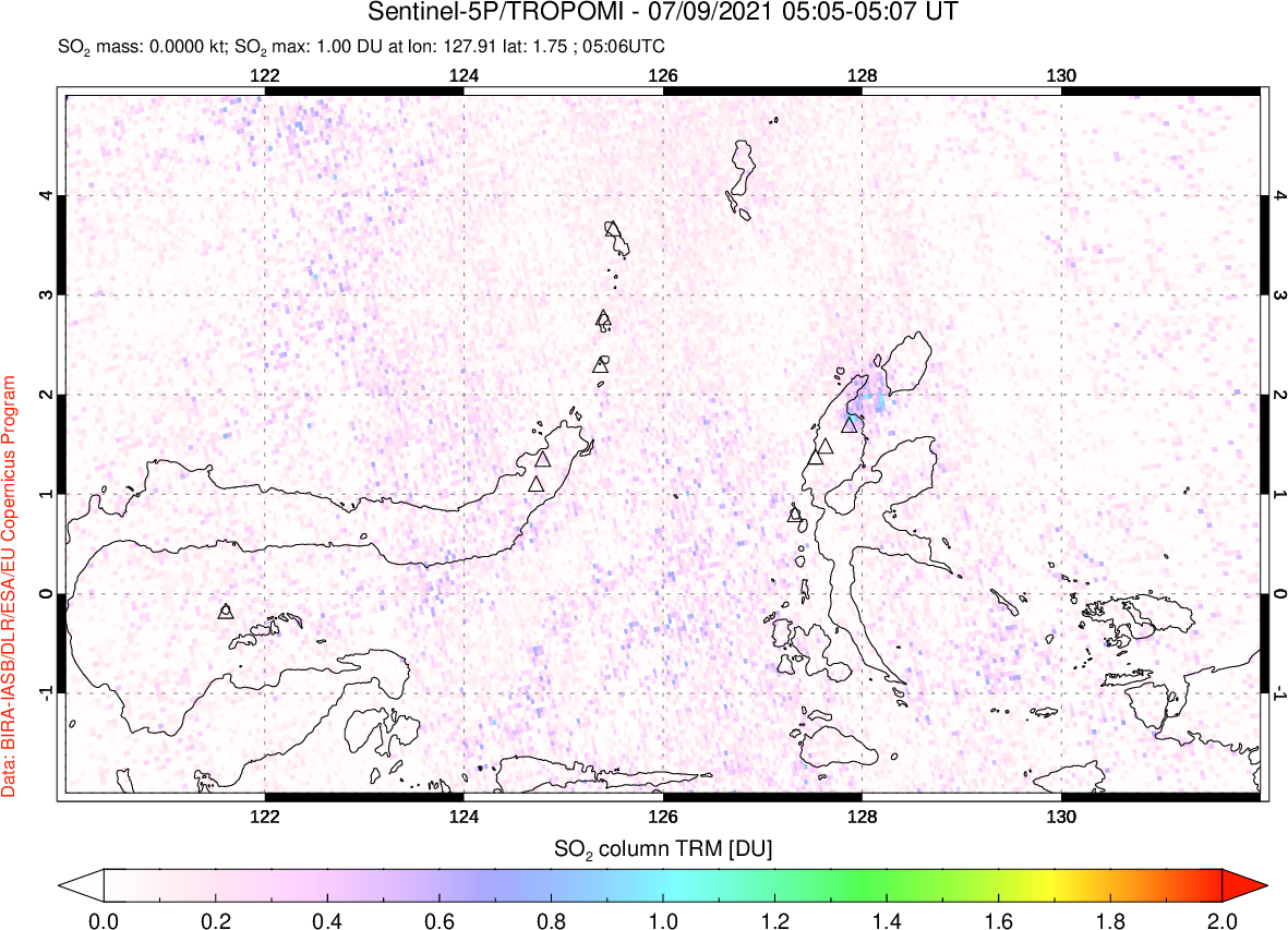 A sulfur dioxide image over Northern Sulawesi & Halmahera, Indonesia on Jul 09, 2021.