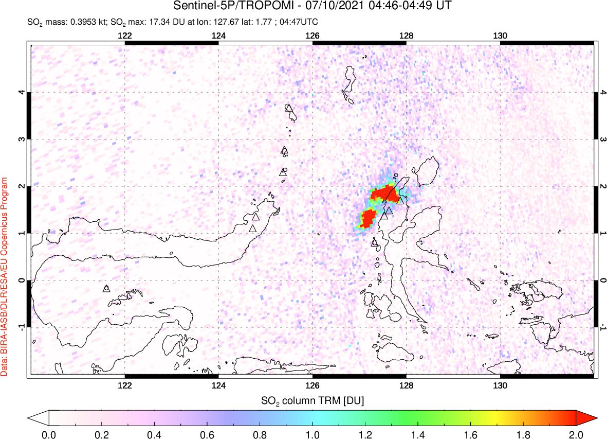 A sulfur dioxide image over Northern Sulawesi & Halmahera, Indonesia on Jul 10, 2021.