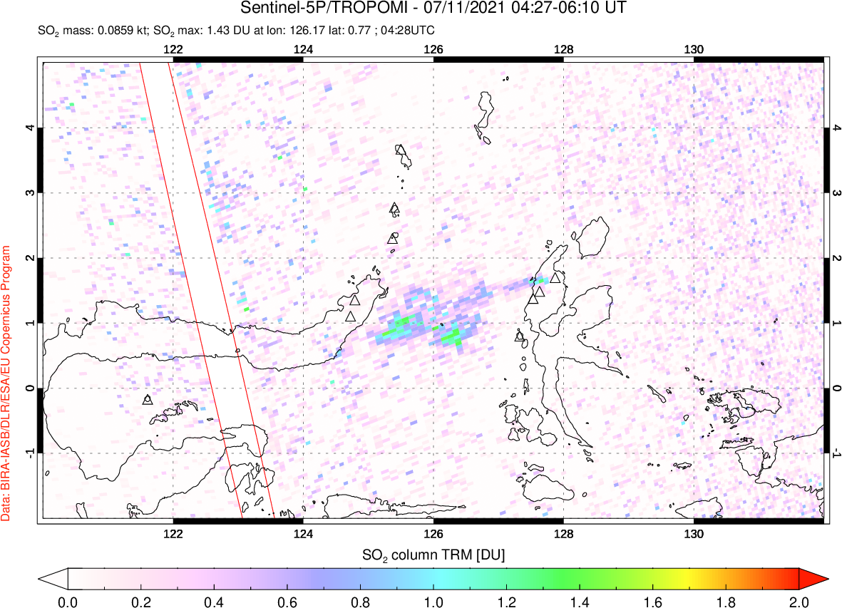 A sulfur dioxide image over Northern Sulawesi & Halmahera, Indonesia on Jul 11, 2021.