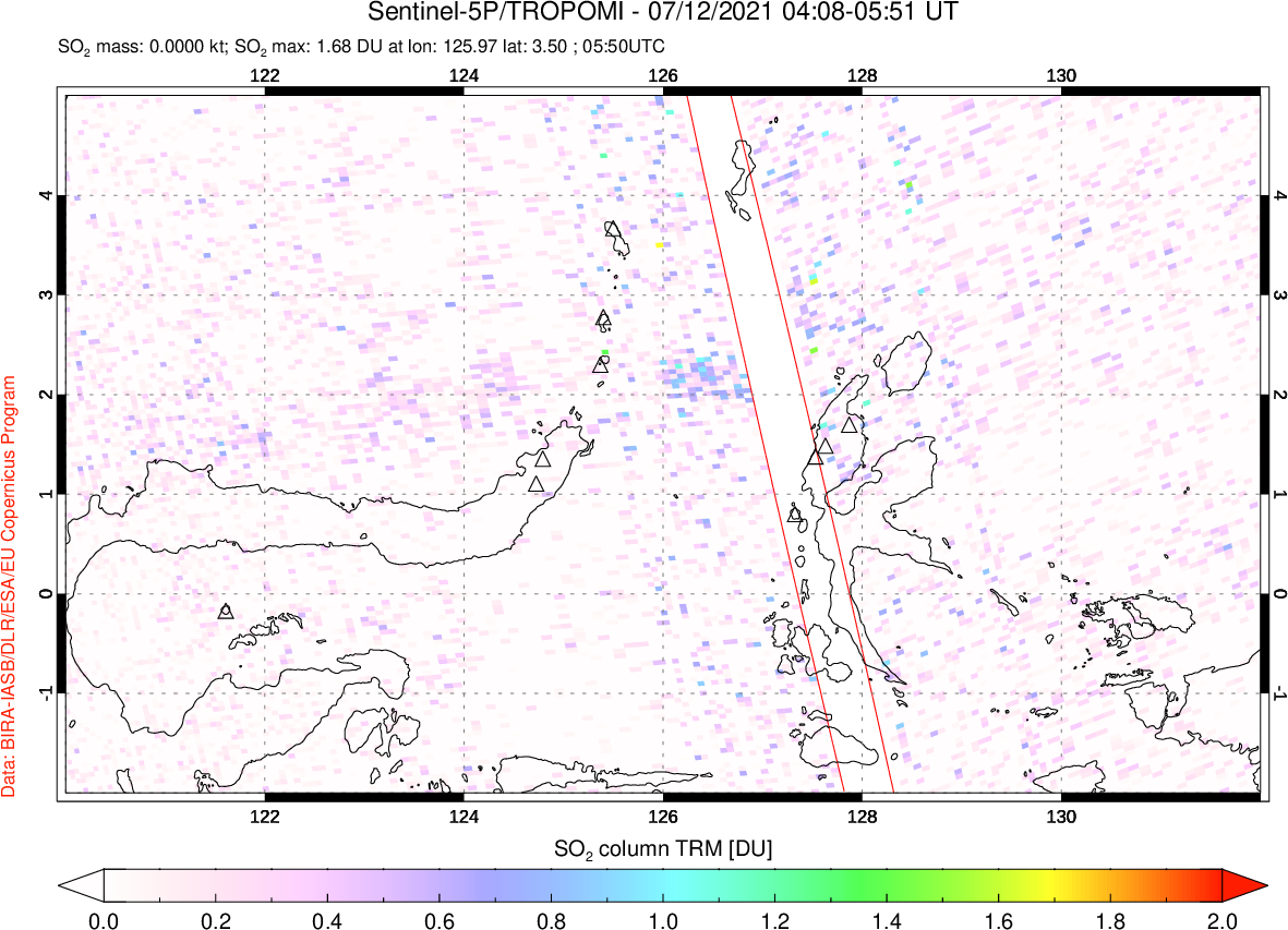 A sulfur dioxide image over Northern Sulawesi & Halmahera, Indonesia on Jul 12, 2021.
