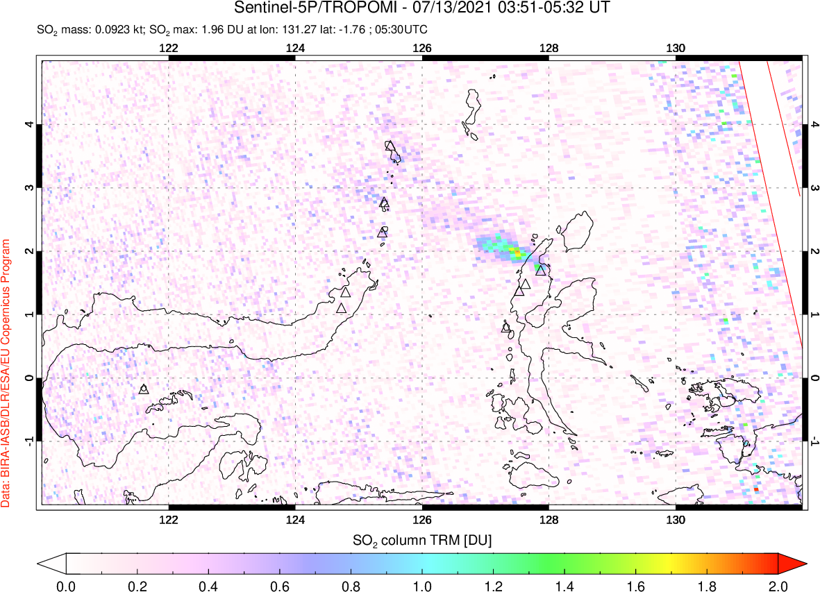 A sulfur dioxide image over Northern Sulawesi & Halmahera, Indonesia on Jul 13, 2021.