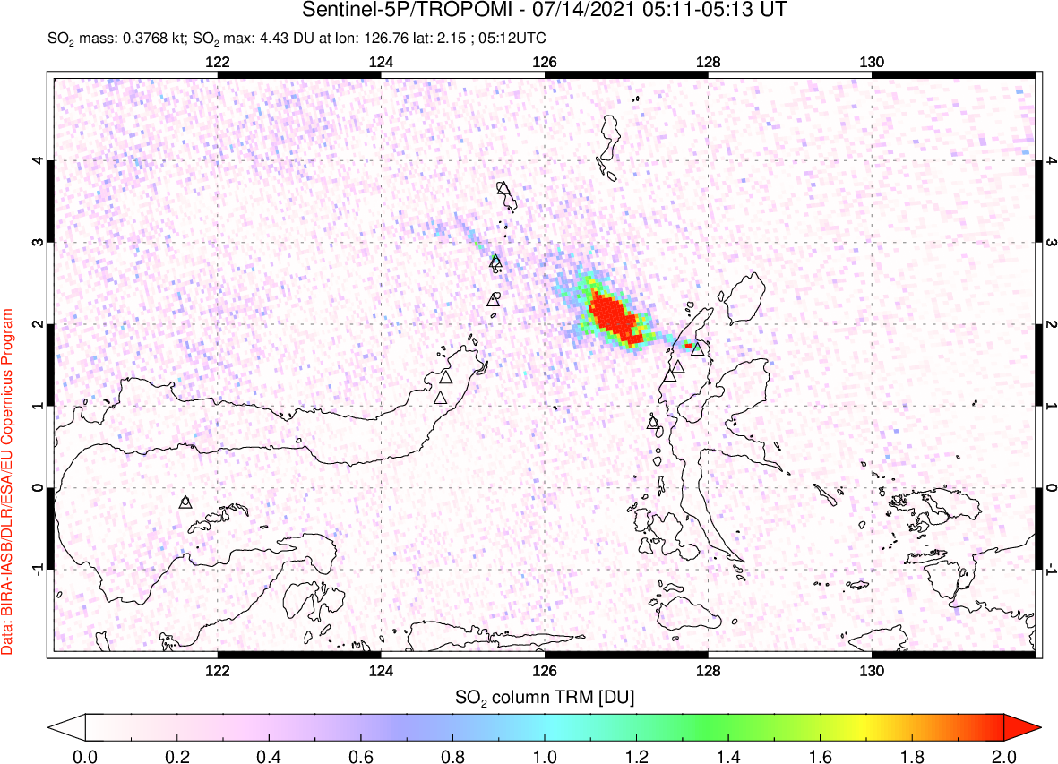 A sulfur dioxide image over Northern Sulawesi & Halmahera, Indonesia on Jul 14, 2021.