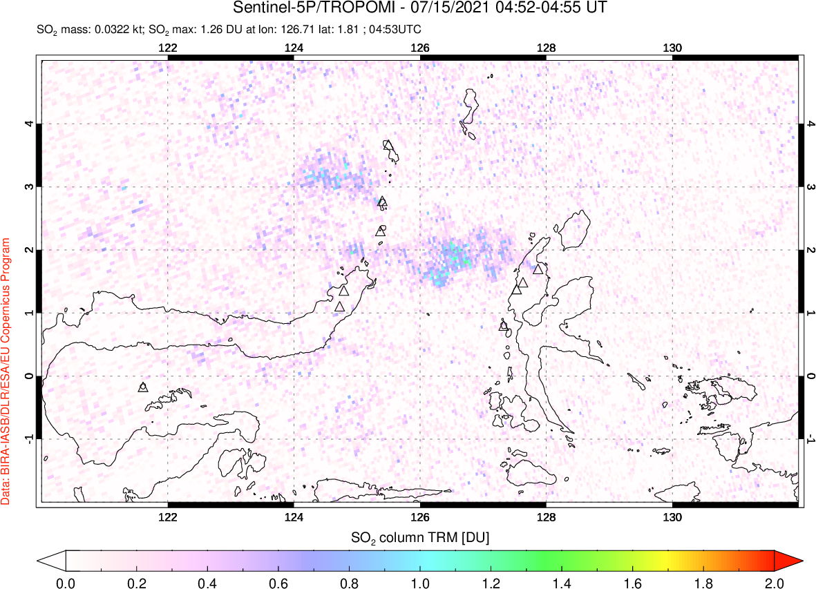 A sulfur dioxide image over Northern Sulawesi & Halmahera, Indonesia on Jul 15, 2021.