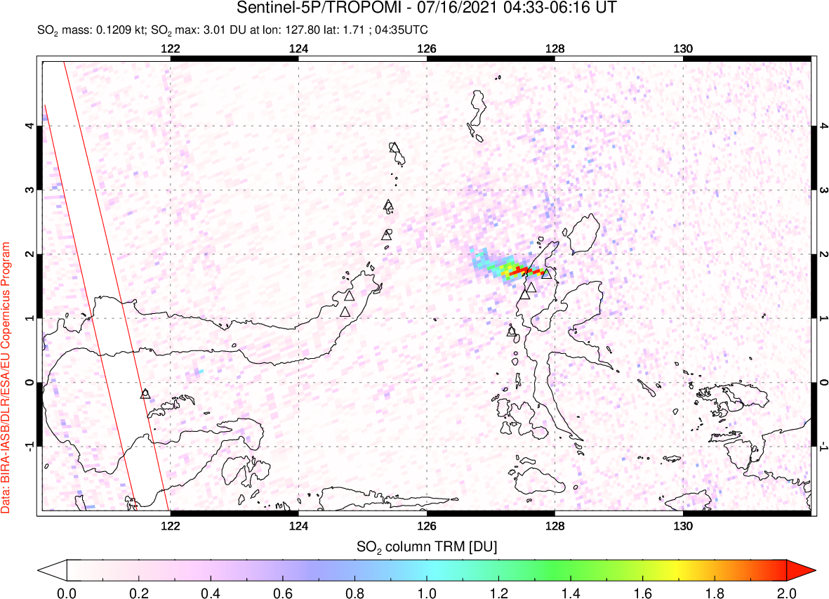 A sulfur dioxide image over Northern Sulawesi & Halmahera, Indonesia on Jul 16, 2021.