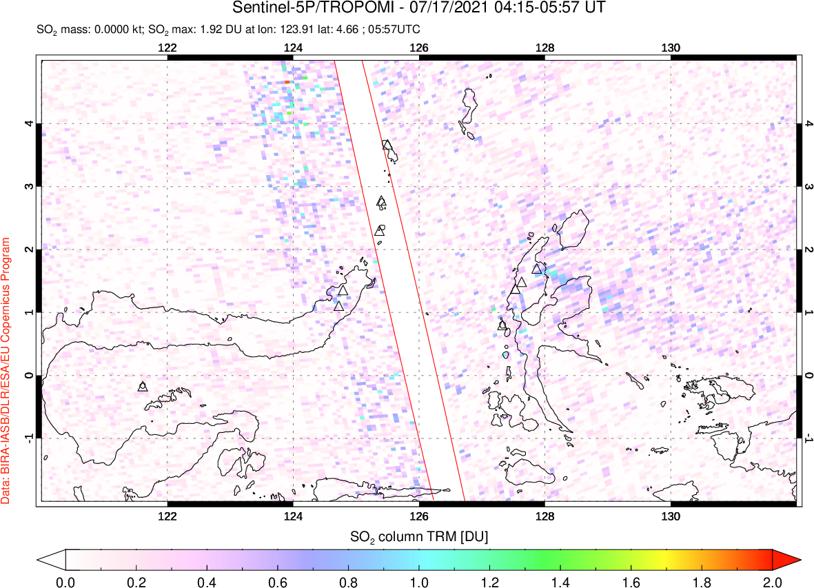 A sulfur dioxide image over Northern Sulawesi & Halmahera, Indonesia on Jul 17, 2021.
