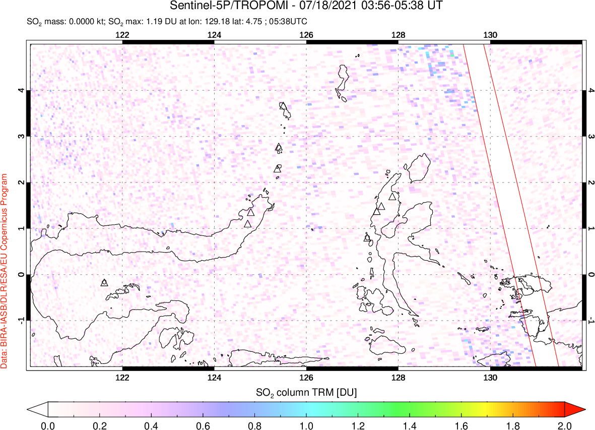 A sulfur dioxide image over Northern Sulawesi & Halmahera, Indonesia on Jul 18, 2021.