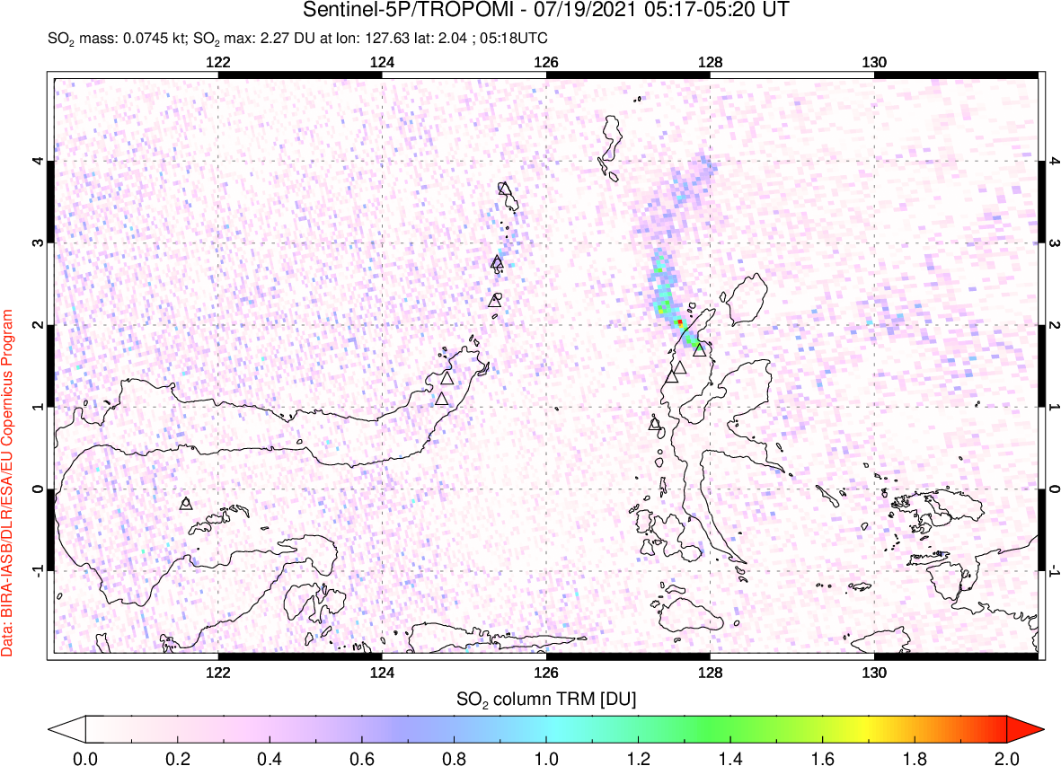 A sulfur dioxide image over Northern Sulawesi & Halmahera, Indonesia on Jul 19, 2021.