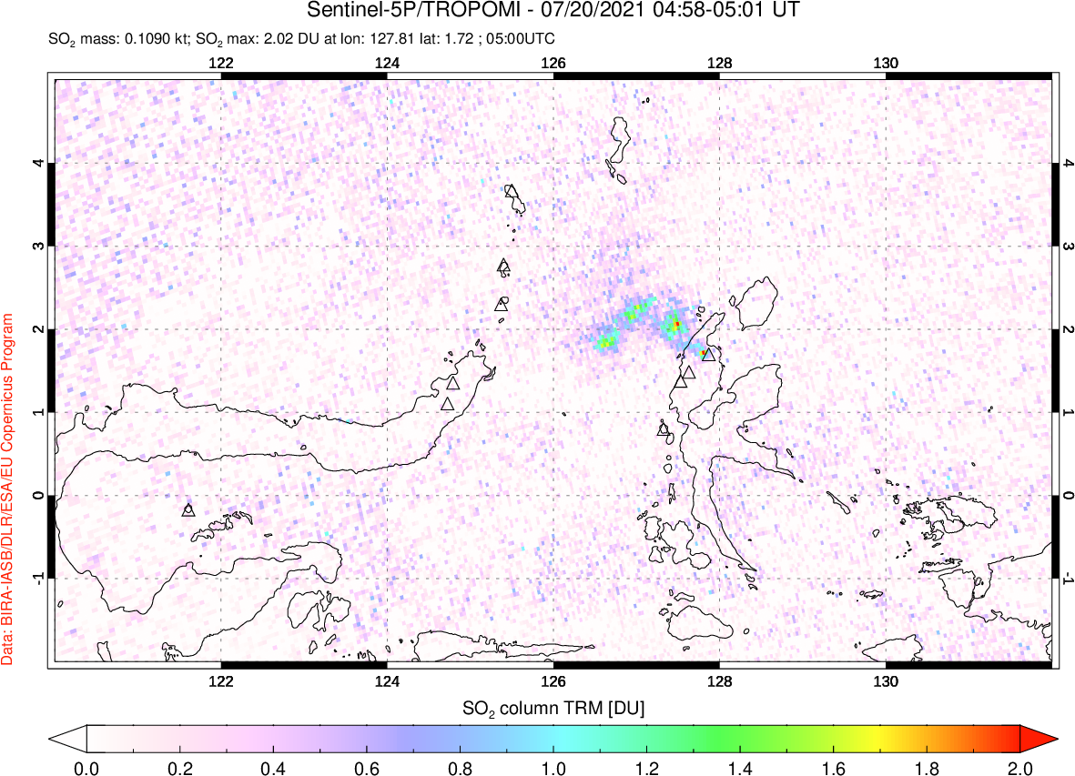 A sulfur dioxide image over Northern Sulawesi & Halmahera, Indonesia on Jul 20, 2021.