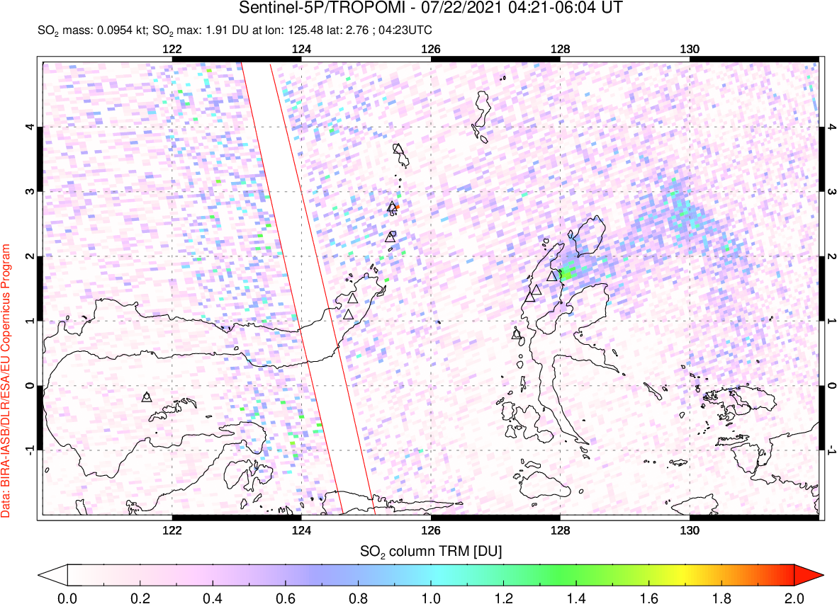 A sulfur dioxide image over Northern Sulawesi & Halmahera, Indonesia on Jul 22, 2021.