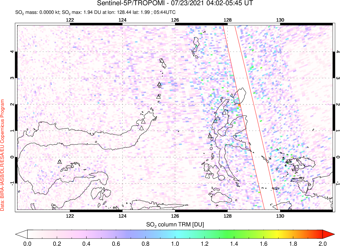 A sulfur dioxide image over Northern Sulawesi & Halmahera, Indonesia on Jul 23, 2021.