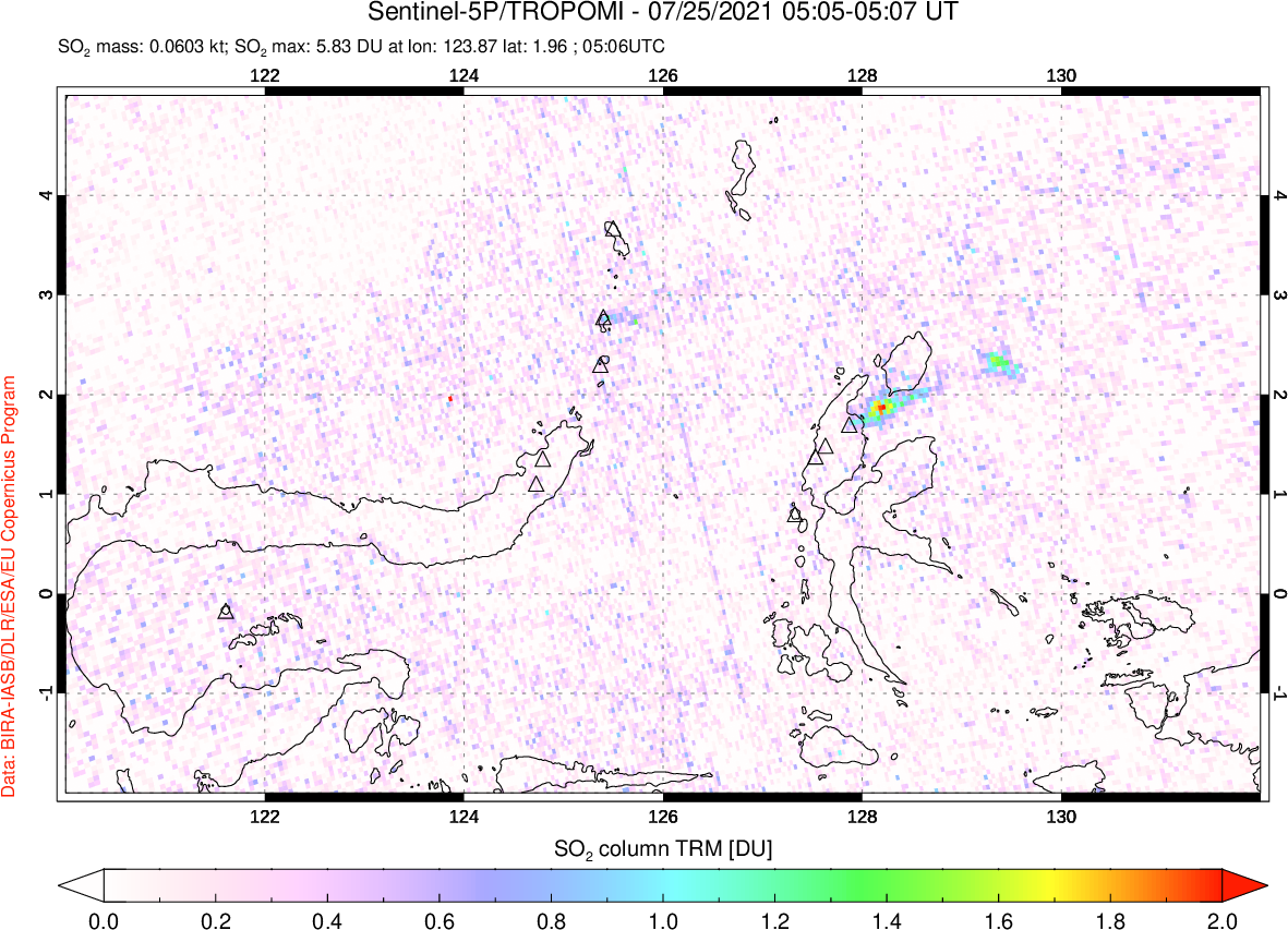 A sulfur dioxide image over Northern Sulawesi & Halmahera, Indonesia on Jul 25, 2021.