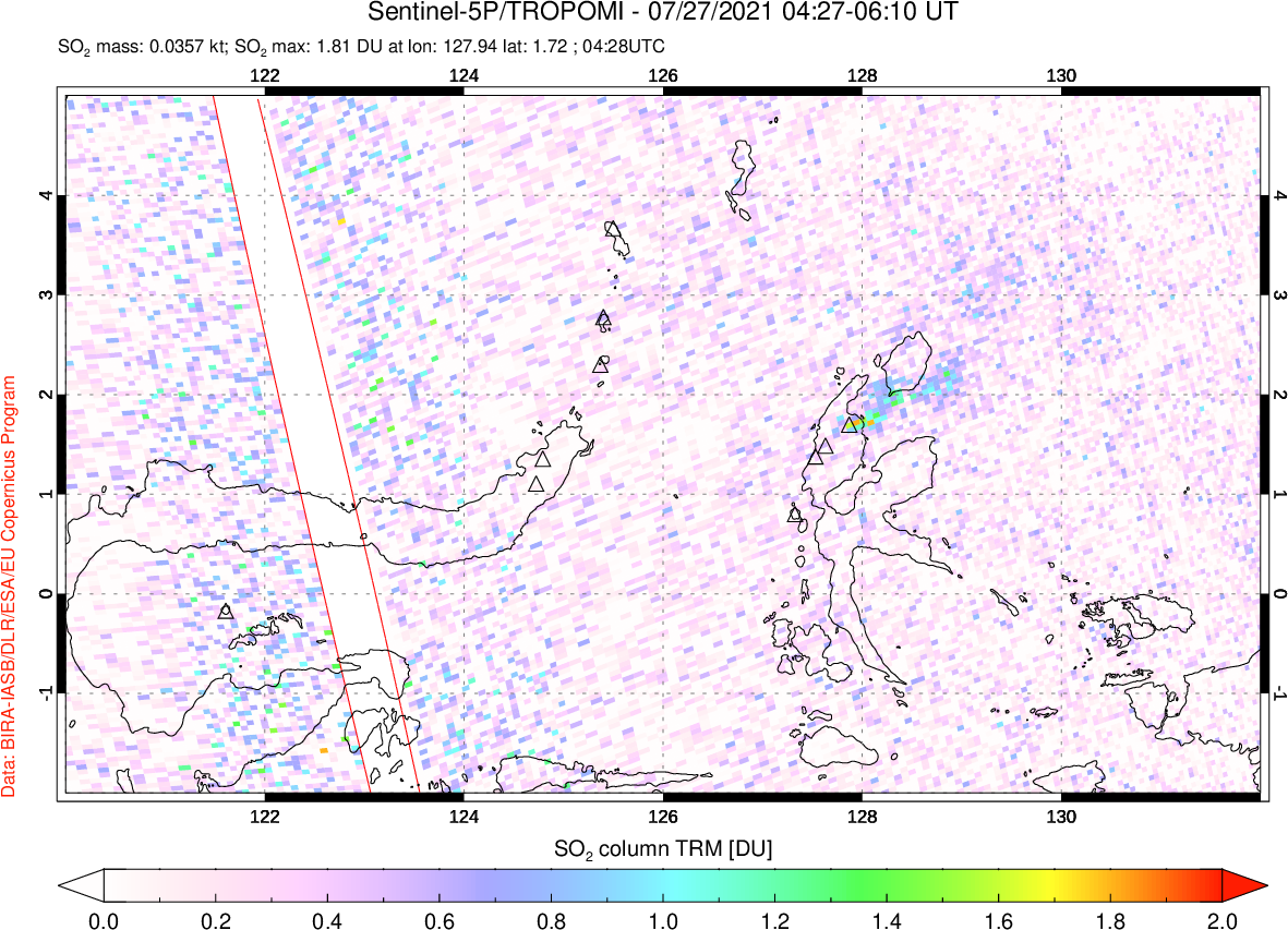 A sulfur dioxide image over Northern Sulawesi & Halmahera, Indonesia on Jul 27, 2021.