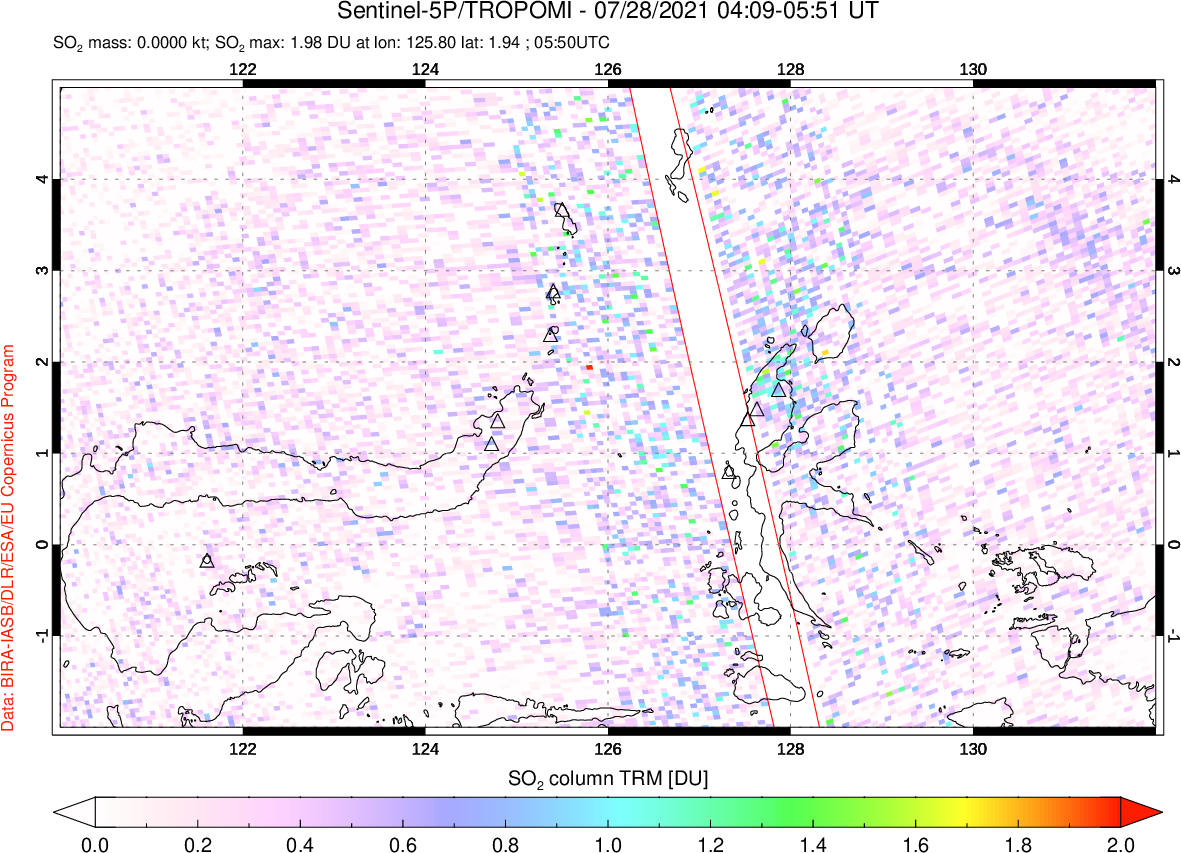 A sulfur dioxide image over Northern Sulawesi & Halmahera, Indonesia on Jul 28, 2021.