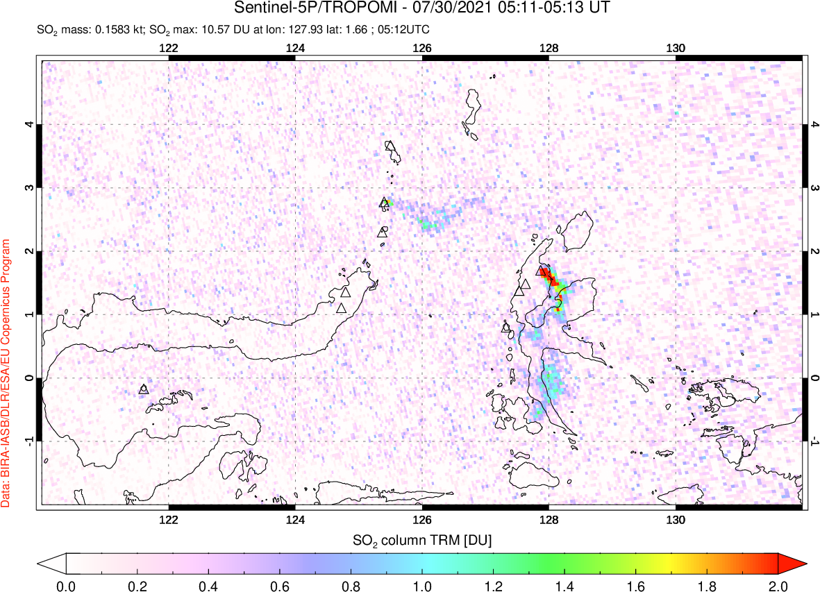 A sulfur dioxide image over Northern Sulawesi & Halmahera, Indonesia on Jul 30, 2021.