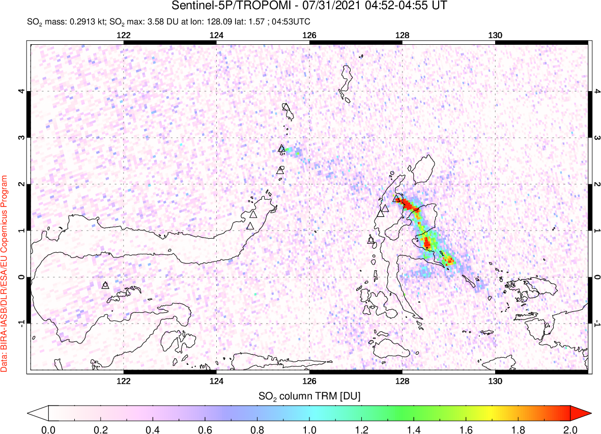 A sulfur dioxide image over Northern Sulawesi & Halmahera, Indonesia on Jul 31, 2021.