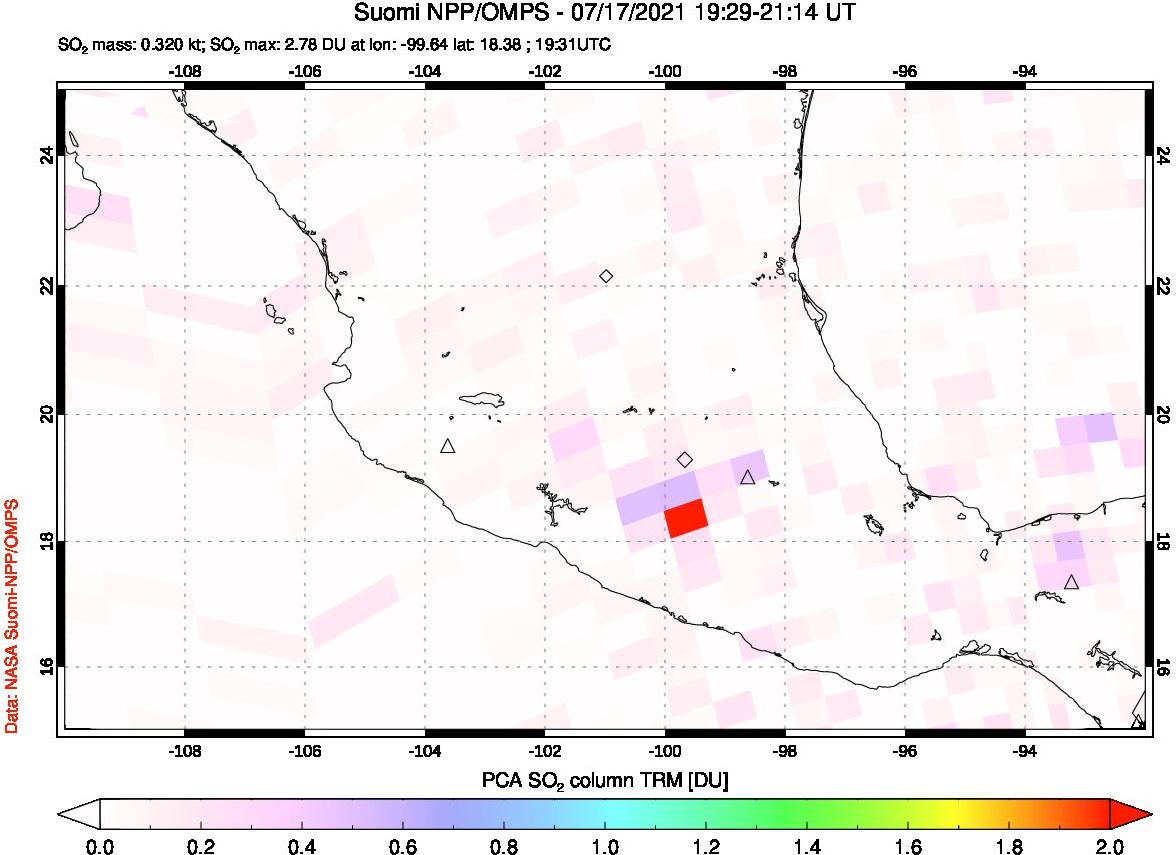A sulfur dioxide image over Mexico on Jul 17, 2021.