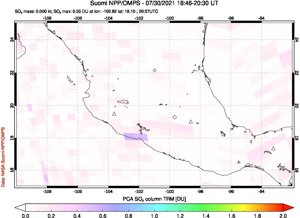 A sulfur dioxide image over Mexico on Jul 30, 2021.