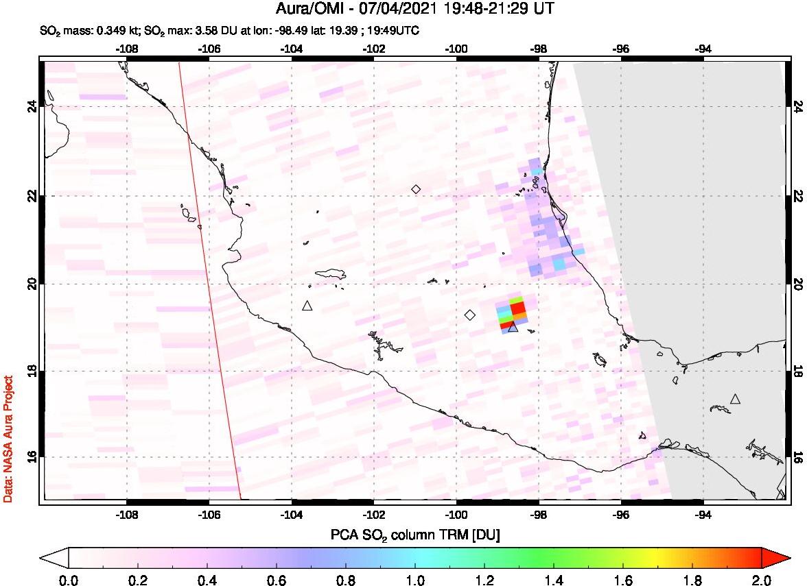 A sulfur dioxide image over Mexico on Jul 04, 2021.