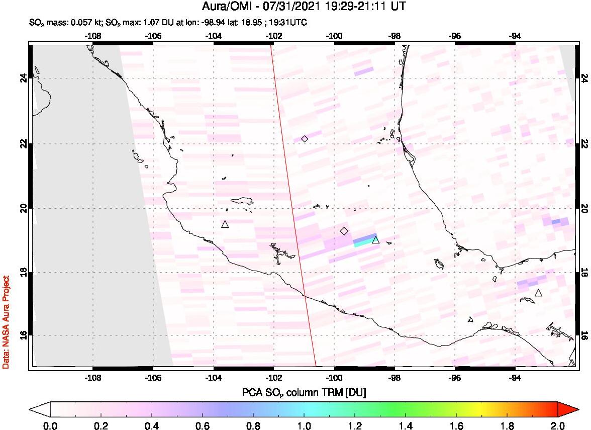 A sulfur dioxide image over Mexico on Jul 31, 2021.