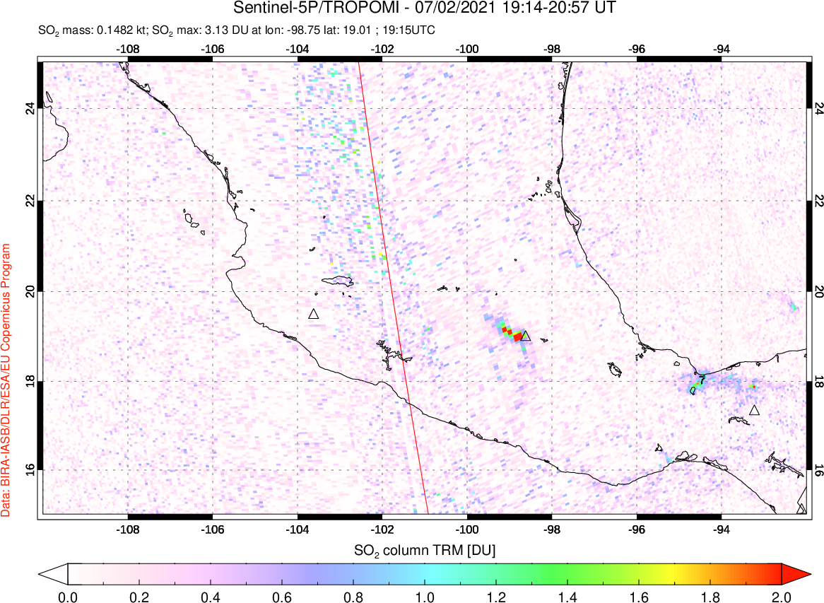 A sulfur dioxide image over Mexico on Jul 02, 2021.