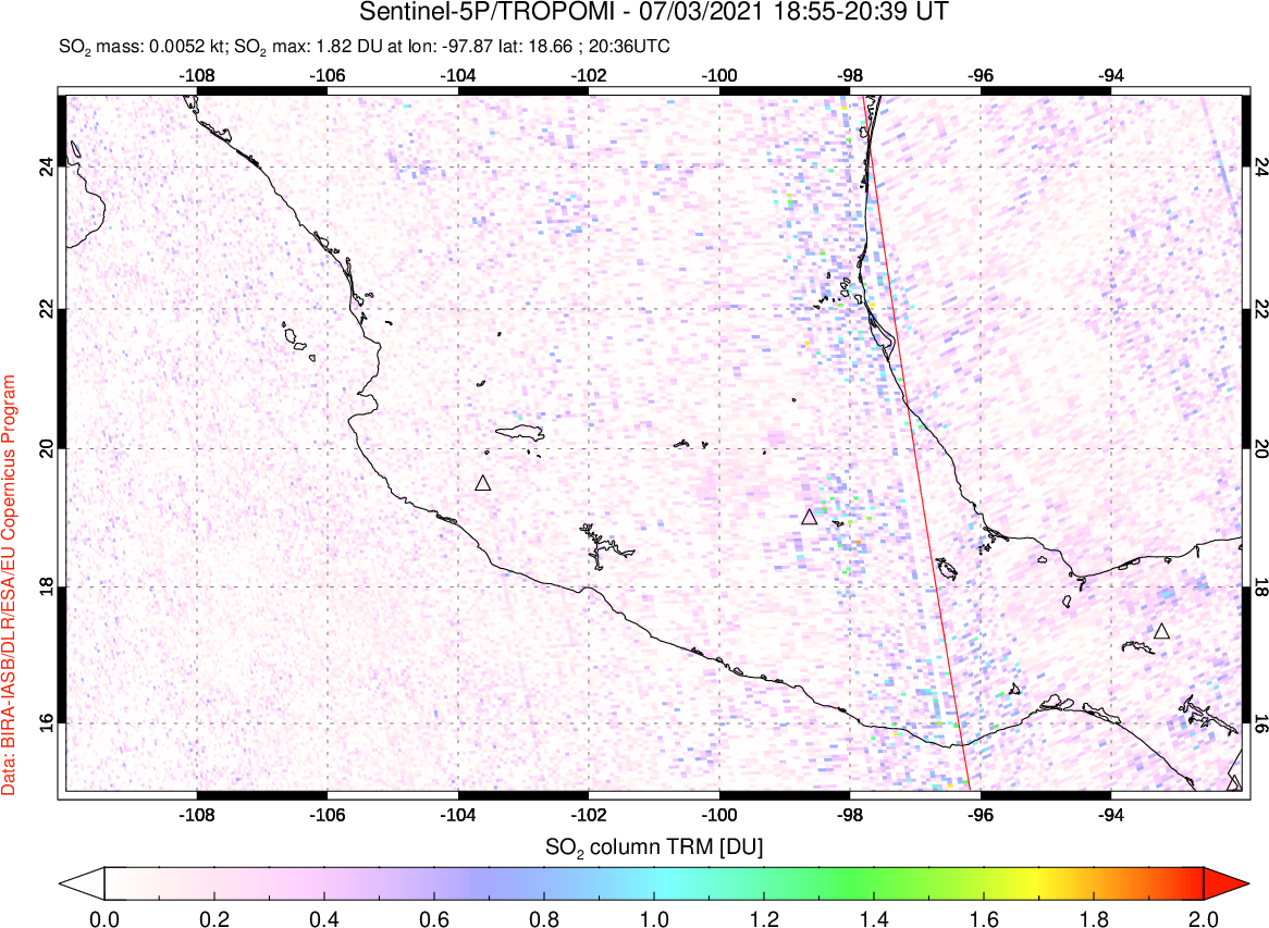 A sulfur dioxide image over Mexico on Jul 03, 2021.
