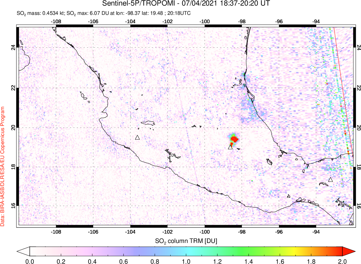 A sulfur dioxide image over Mexico on Jul 04, 2021.