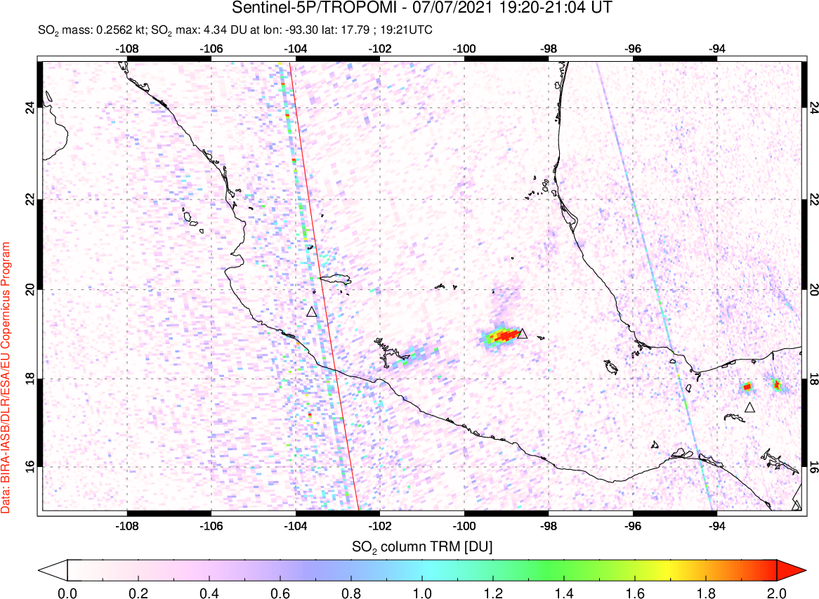 A sulfur dioxide image over Mexico on Jul 07, 2021.
