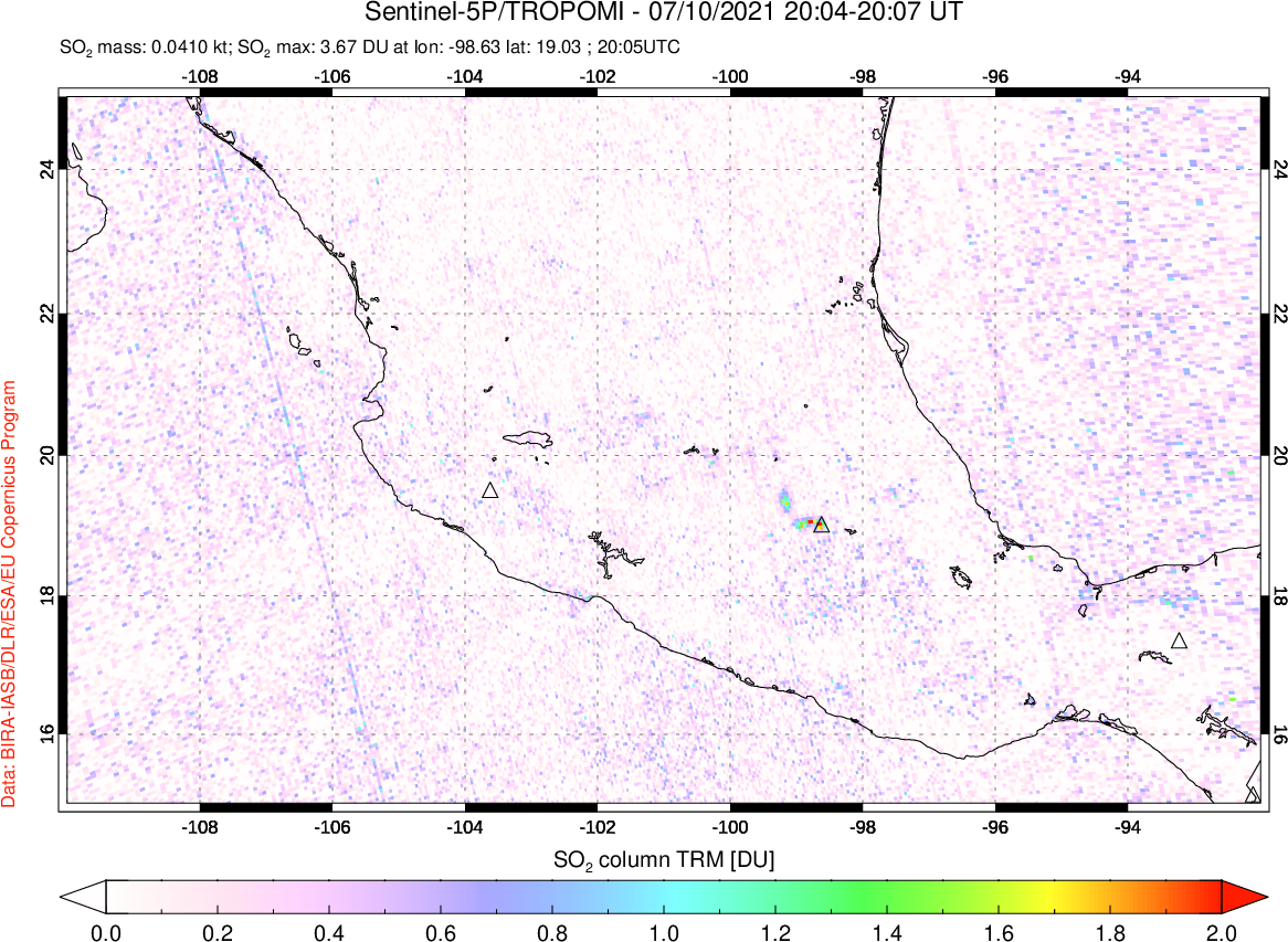 A sulfur dioxide image over Mexico on Jul 10, 2021.