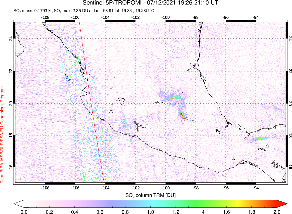 A sulfur dioxide image over Mexico on Jul 12, 2021.