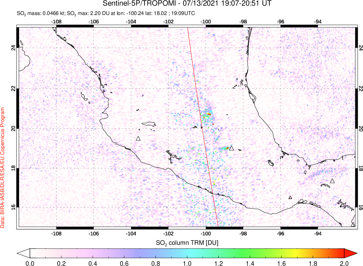 A sulfur dioxide image over Mexico on Jul 13, 2021.