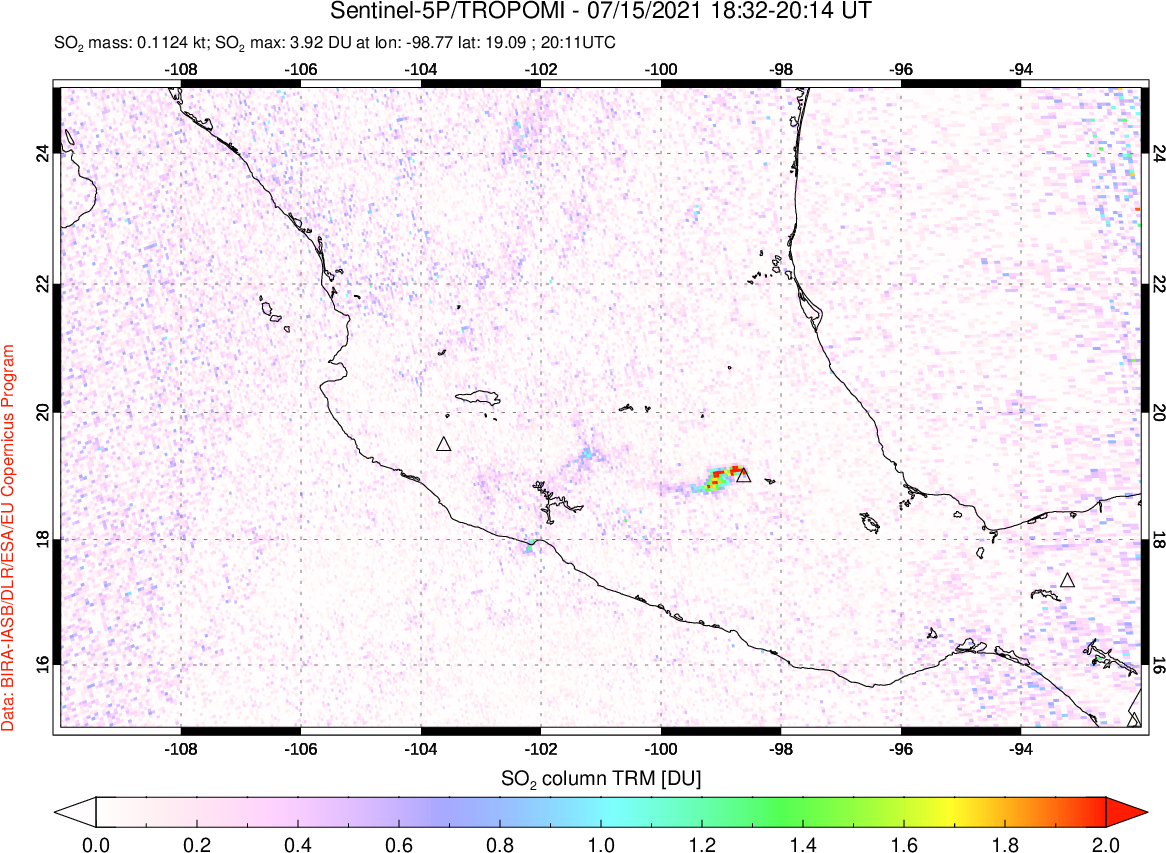A sulfur dioxide image over Mexico on Jul 15, 2021.