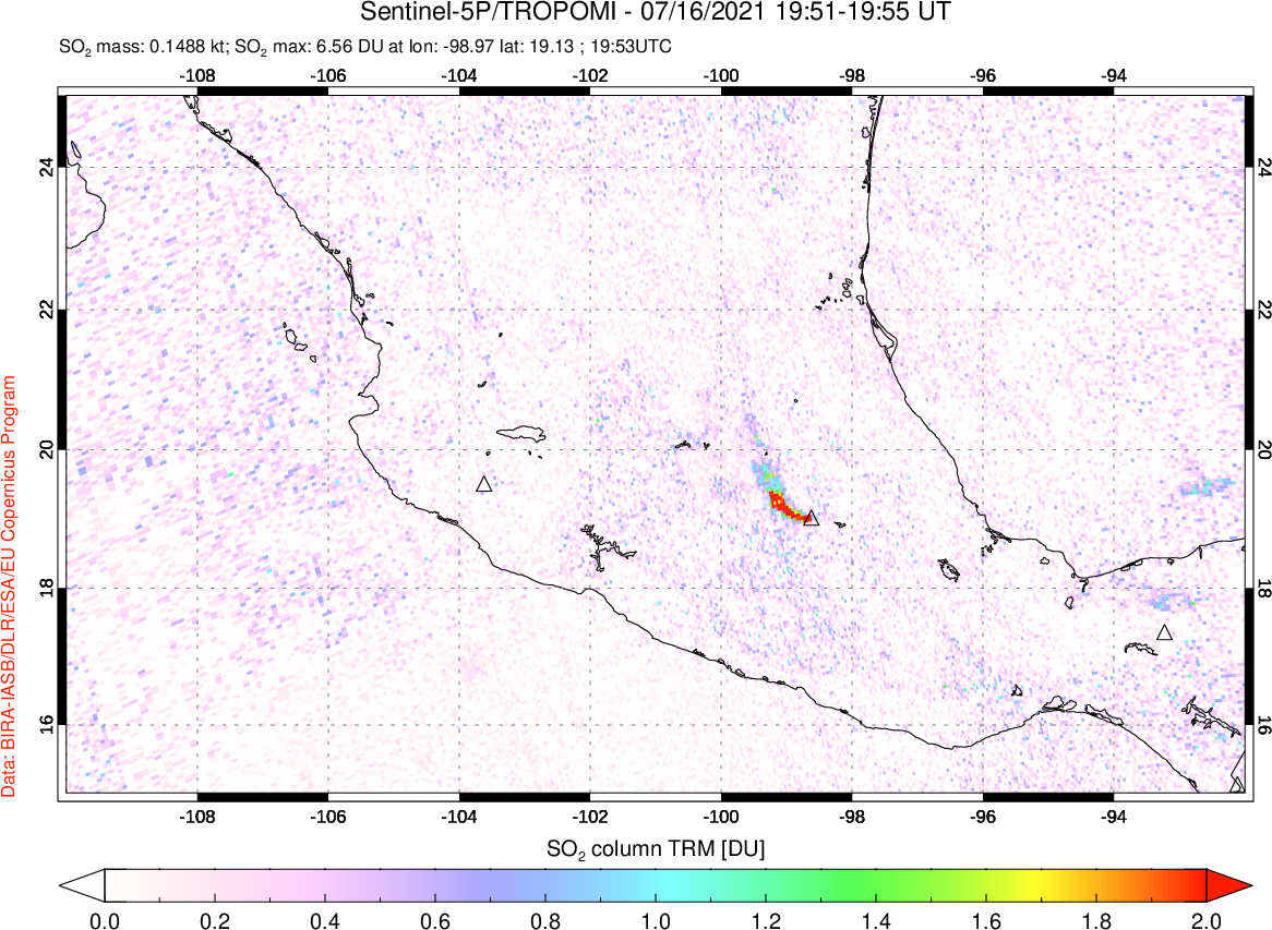 A sulfur dioxide image over Mexico on Jul 16, 2021.