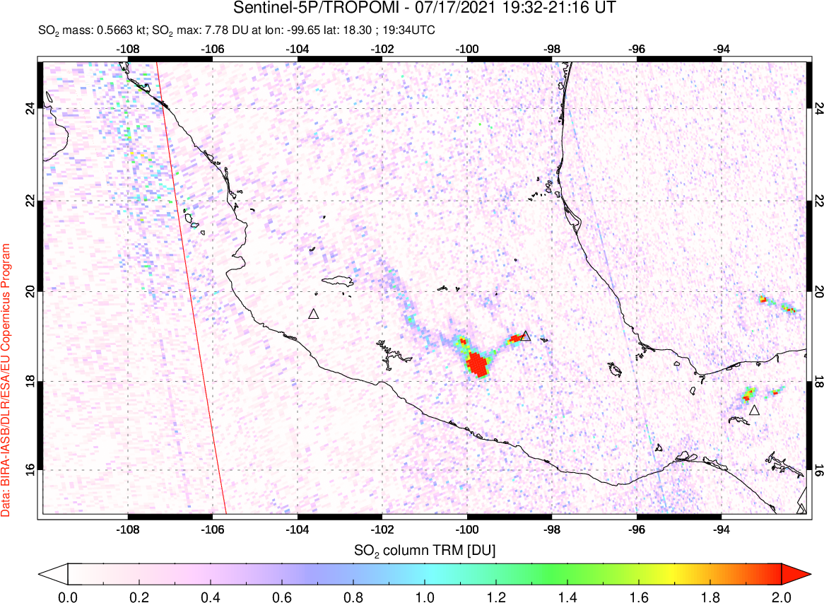 A sulfur dioxide image over Mexico on Jul 17, 2021.