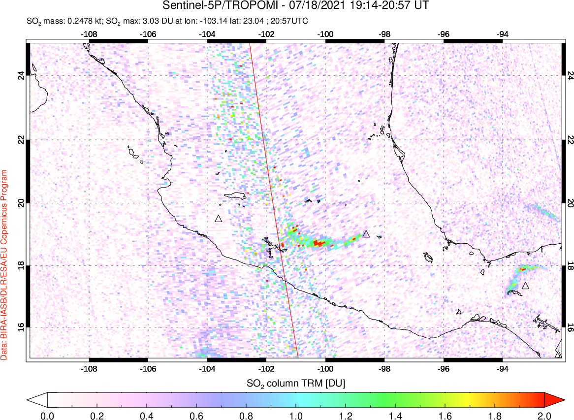 A sulfur dioxide image over Mexico on Jul 18, 2021.