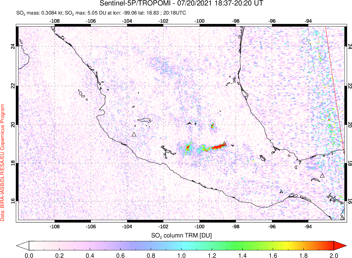 A sulfur dioxide image over Mexico on Jul 20, 2021.