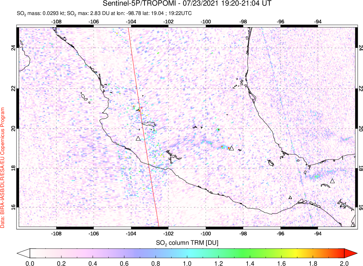 A sulfur dioxide image over Mexico on Jul 23, 2021.