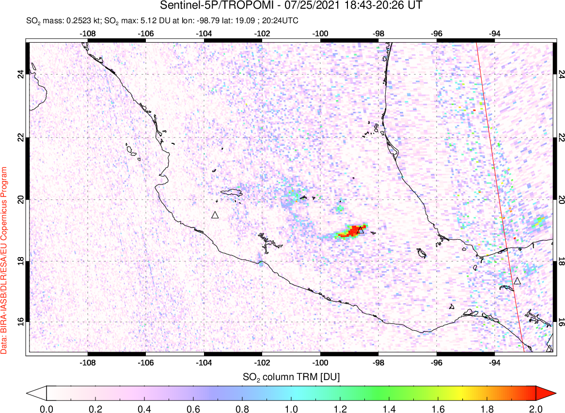 A sulfur dioxide image over Mexico on Jul 25, 2021.
