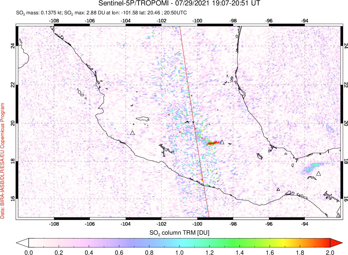 A sulfur dioxide image over Mexico on Jul 29, 2021.