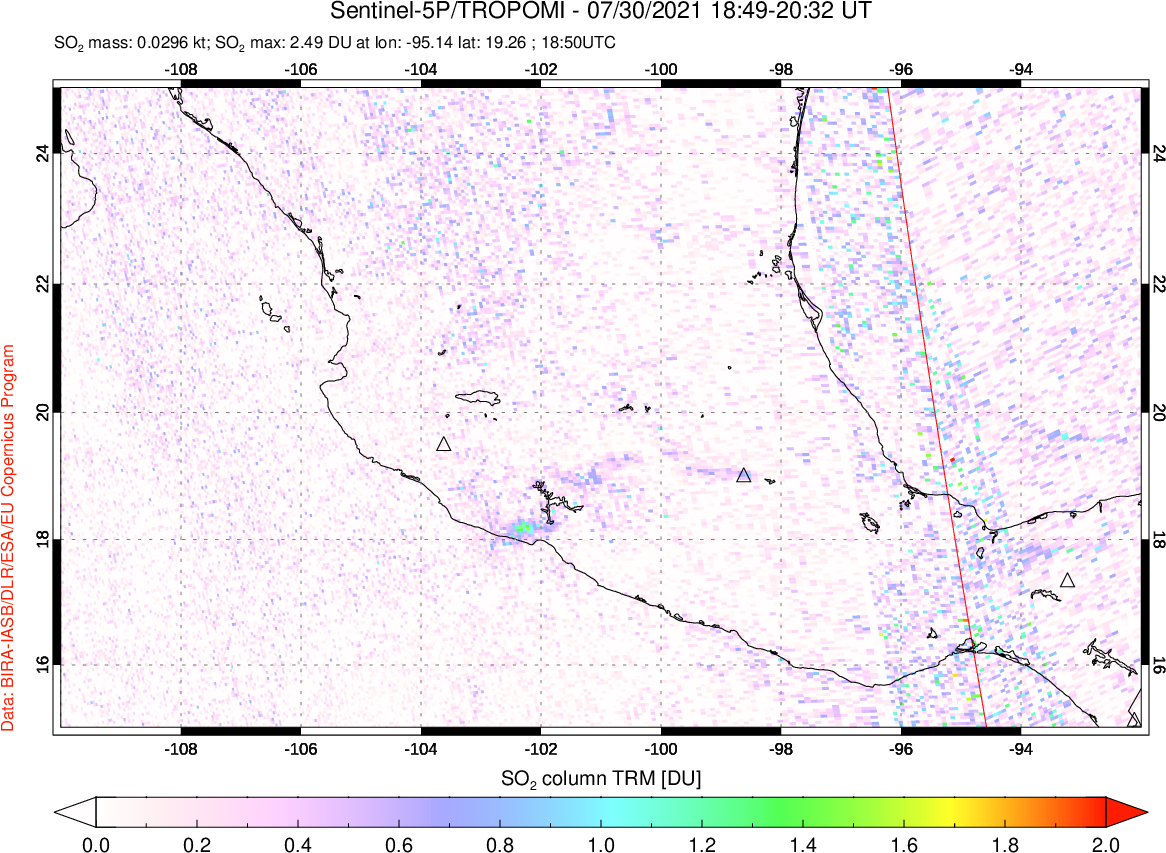A sulfur dioxide image over Mexico on Jul 30, 2021.