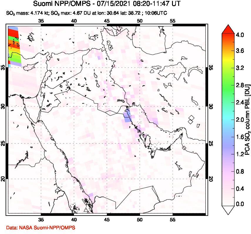 A sulfur dioxide image over Middle East on Jul 15, 2021.
