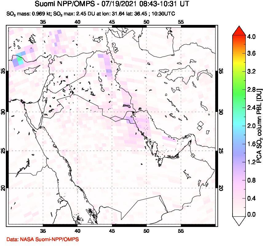 A sulfur dioxide image over Middle East on Jul 19, 2021.
