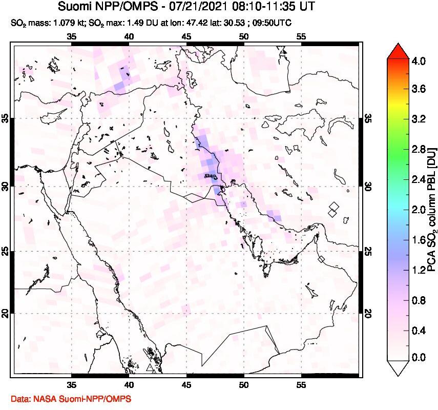 A sulfur dioxide image over Middle East on Jul 21, 2021.