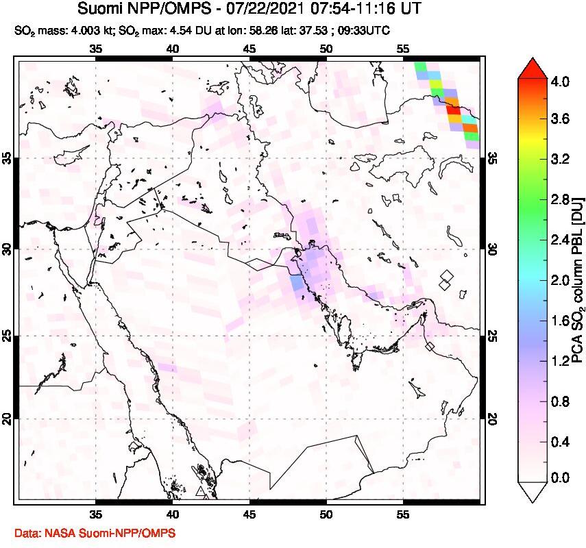 A sulfur dioxide image over Middle East on Jul 22, 2021.